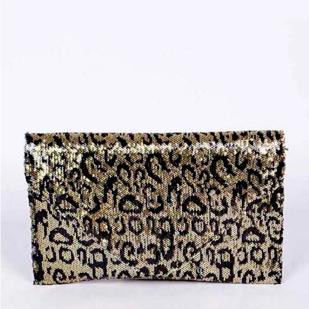 Large Gold & Black Sequin Leopard Animal Print Envelope Bag